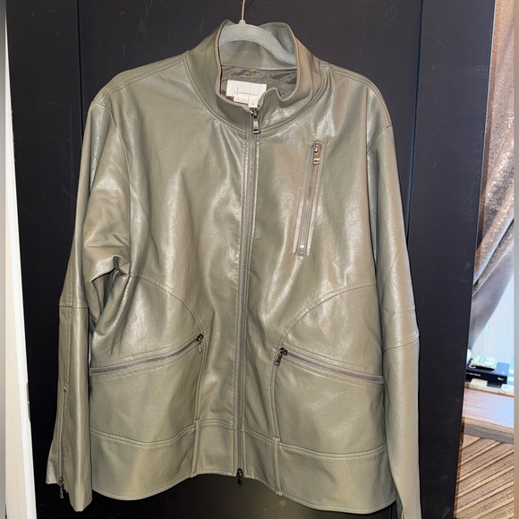 By Anthropologie Faux Leather Olive Green Relaxed Jacket - Picture 3 of 6